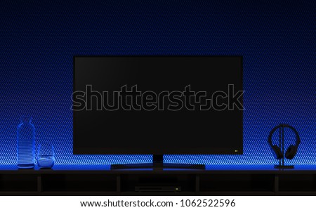 Empty television screen 3d render.The TV is placed on a black shelf. The back side is a black wallpaper with blue lights hidden.There is a clipping path to the tv screen.
