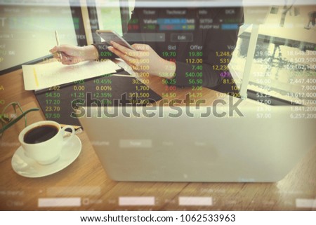 Businesswoman on digital stock market financial positive indicator background. Double exposure of growth digital futuristic chart currency stock market financial. investor wall street digital technolo