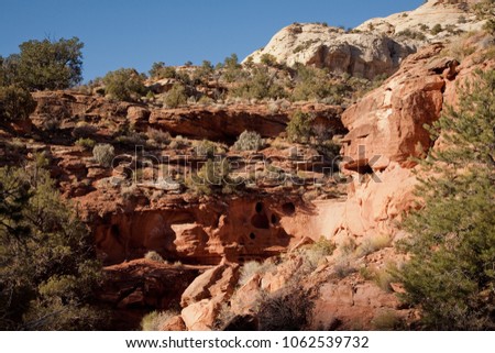 Unusual geologic rock formations viewed from Calf Creek Trail, Grand Staircase-Escalante National Monument and Zion National Park, Utah Royalty-Free Stock Photo #1062539732