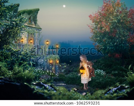 Little girl at night. A fabulous house. The girl holds an old lantern and a toy bear. Children's story
