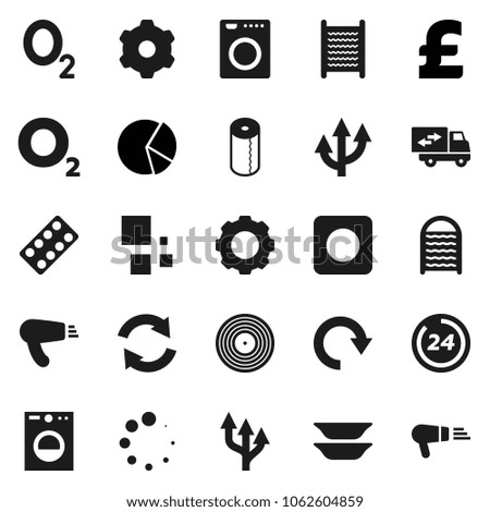 Flat vector icon set - washboard vector, toilet paper, plates, pie graph, pound, oxygen, disk, rec button, pills blister, gear, refresh, redo, loading, route arrow, relocation truck, 24 hour, washer