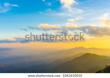 Mountain green tree with sunny cloud sky sun light, Nature landscape