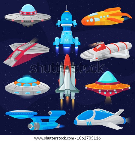 Rocket vector spaceship or spacecraft and spacy ufo illustration set of spaced ship or rocketship in universe space isolated on background Royalty-Free Stock Photo #1062705116