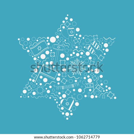 Israel Independence Day holiday flat design white thin line icons set in star of david shape.
