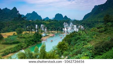 Ban Gioc Waterfall - Detian waterfall Ban Gioc Waterfall is the most magnificent waterfall in Vietnam, located in Dam Thuy Commune, Trung Khanh District, Cao Bang, Viet nam Royalty-Free Stock Photo #1062726656