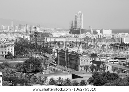 Barcelona city view, Spain. Black and white retro style.