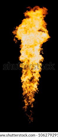 Isolated fire column goes from flamethrower Royalty-Free Stock Photo #1062792917
