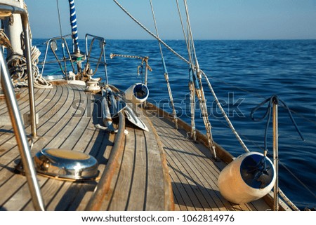 The deck of the yacht with a view to the sea and the blue sky, a boat trip on the yacht background picture nobody.