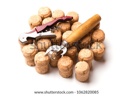 Wine corks and openers isolated on white background