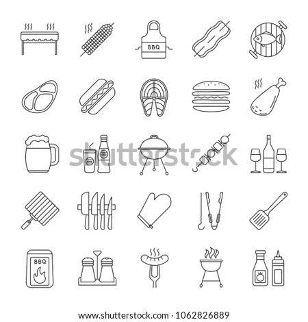 Barbecue linear icons set. BBQ. Barbeque grills, food, drinks, kitchen utensils. Thin line contour symbols. Isolated raster outline illustrations