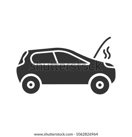 Broken car glyph icon. Automobile with open hood and smoke. Silhouette symbol. Negative space. Raster isolated illustration