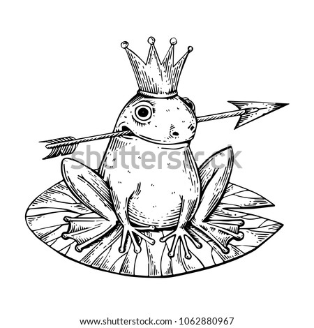 Princess Frog fairy-tale animal engraving raster illustration. Scratch board style imitation. Black and white hand drawn image.