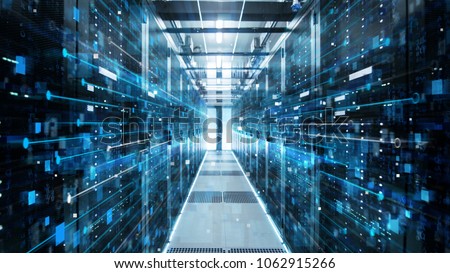 Shot of Corridor in Working Data Center Full of Rack Servers and Supercomputers with High Internet Visualisation Projection. Royalty-Free Stock Photo #1062915266