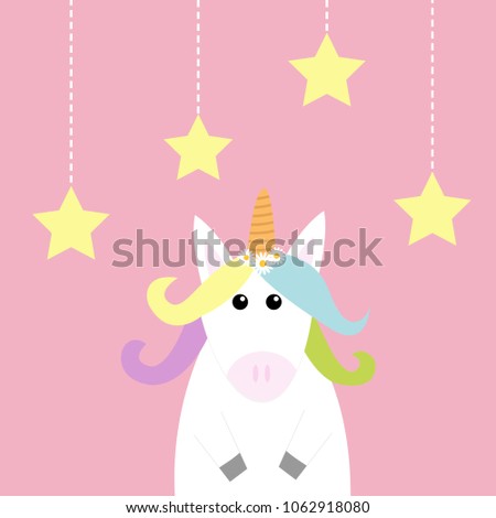 Unicorn Hanging stars dash line. Pastel color rainbow hair, white daisy chamomile. Flat lay design. Cute cartoon kawaii baby character. Funny horse. Valentines Day. Love card. Pink background Vector