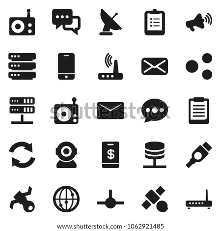 Flat vector icon set - clipboard vector, satellite, radio, loudspeaker, internet, mobile phone, dialog, mail, hdmi, connect, network server, big data, router, share, message, refresh, tap pay