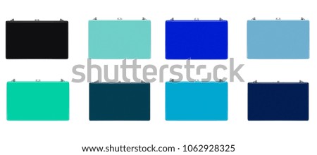 Beautiful set of wooden painted lacquered clutch bags, isolated on white background, clipping, for design, blank space, mock up, black, light blue, turquoise, dark blue