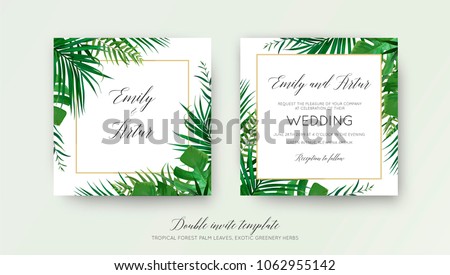 Wedding floral double invite card design with vector watercolor style tropical fan palm tree green leaves, exotic forest greenery herbs & elegant golden frame. Luxury botanical rustic natural template