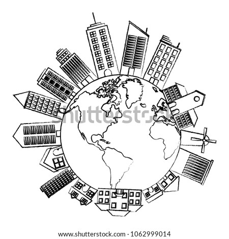 grunge global planet with architecture buildings and houses