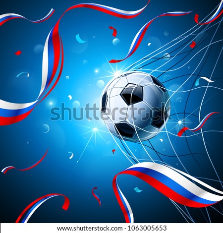 Soccer Ball with Flag of Russia and Confetti on a Blue Background. Vector illustration