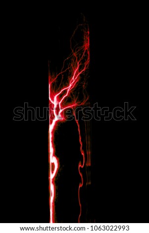 Lightning flash discharge of electricity on transparent background. Red electrical visual effect.