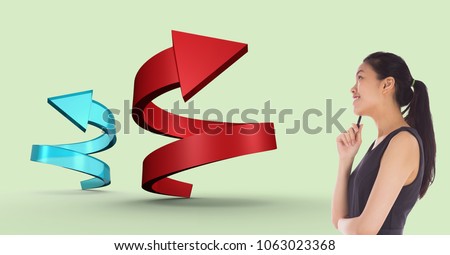 Side view of beautiful woman smiling and thinking while looking at arrows representing growth