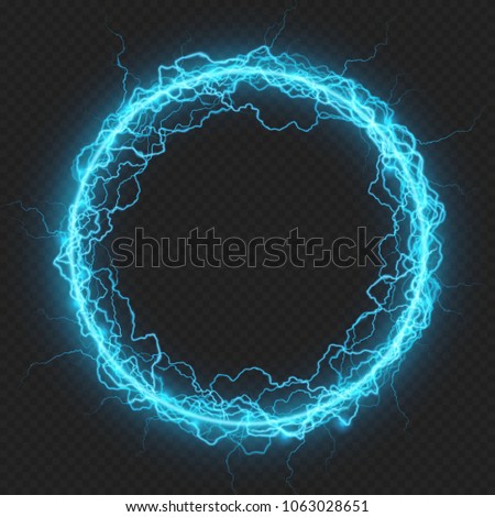 Round frame with charged energy elementary particle, glowing lightning, electric element. Isolated on transparent background. EPS 10 vector file Royalty-Free Stock Photo #1063028651