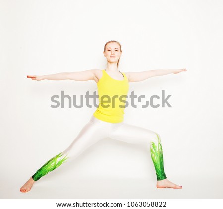 Portrait of attractive woman doing yoga, pilates. Healthy lifestyle and sports concept. Series of exercise poses. On white background.