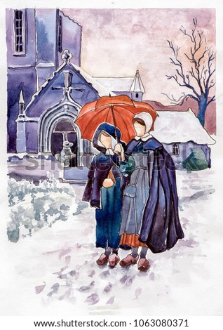 Two girls under umbrella Watercolor
