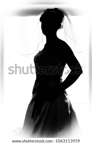 black and white silhouette of the bride weared in dress and veil with a bouquet
