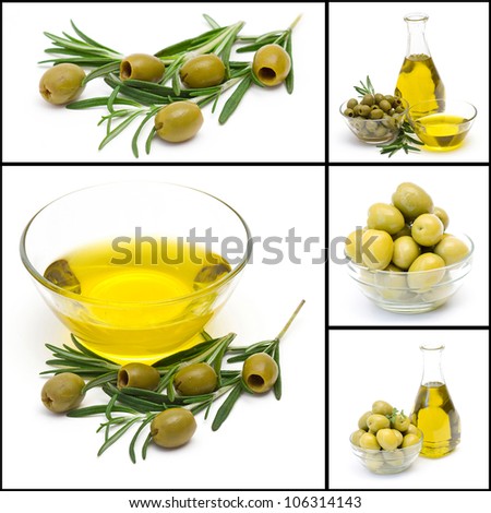 a collage of five pictures of many olives and olive oil