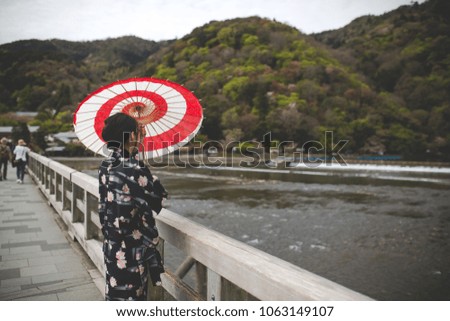 Kimono women and umbrellas at Kyoto Japan