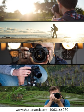 Set of photos. Young caucasian man making photo of landscape on seaside, in park and in studio. Concept of hobby or working as photographer