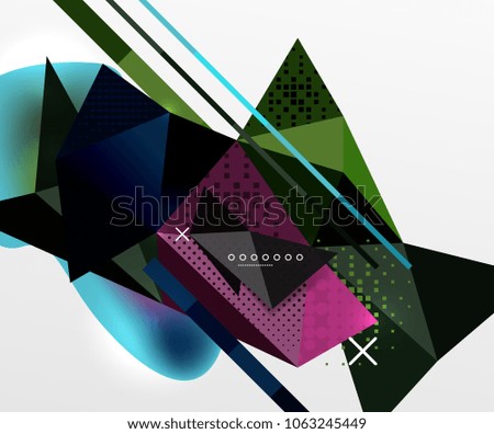 Abstract geometric background, polygonal triangle elements, lines and material textures, holographic elements. Vector modern abstract template