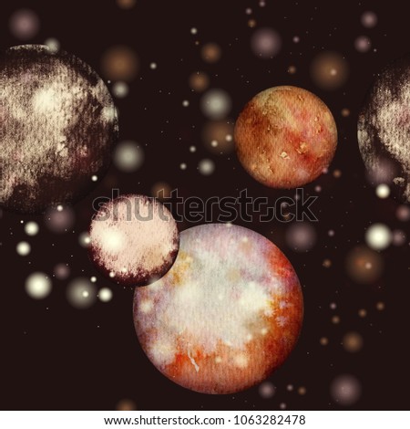 alien planets mix repeat seamless pattern. watercolour and digital hand drawn picture. mixed media artwork. endless texture for textile decor and design 