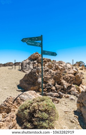 Hiking trail signpost in Teide National Park, Tenerife, Canary Islands