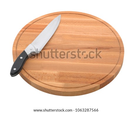 Round Wooden Cutting Board and metal Knife on a white background