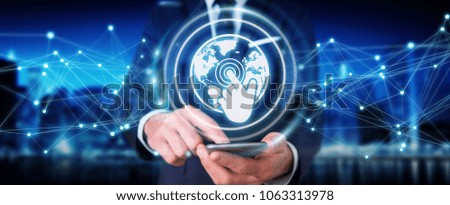 Businessman on blurred background using digital screens interface with holograms datas 3D rendering