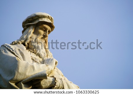 Head of the statue of Leonardo da Vinci in Milano Royalty-Free Stock Photo #1063330625