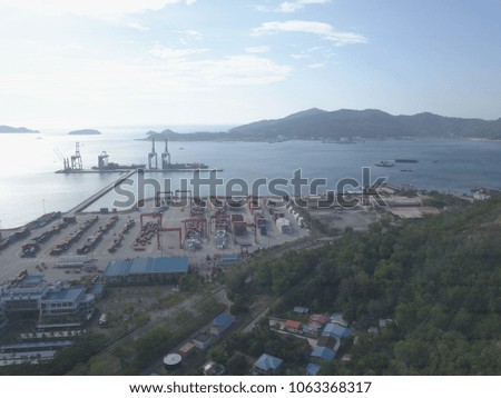 Sky view of Sepanggar Port in Sepanggar Bay, Sabah, Malaysia.