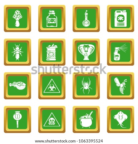 Poison danger toxic icons set vector green square isolated on white background 