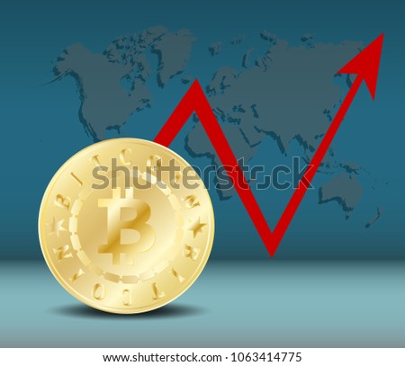Golden bitcoin digital currency. Stacks of ten coins on dark blue with world map and red arrow. Bitcoin mining. Cryptocurrency technology and digital money. 3D vector illustration.