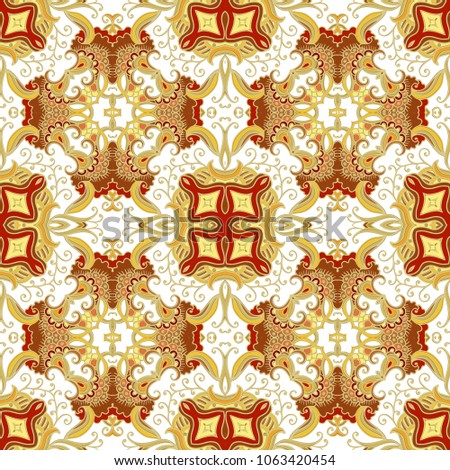 Golden - red seamless laced ornamental vector texture on white background