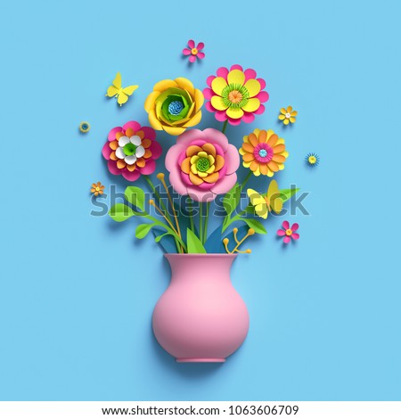 3d render, craft paper flowers, pink vase, floral bouquet, botanical arrangement, bright candy colors, nature clip art isolated on sky blue background, greeting card template