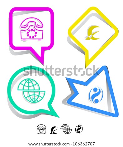 Business icon set. Shift globe, abstract monetary sign, old phone, percent sign.  Paper stickers. Raster illustration.