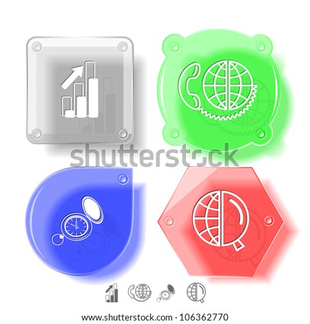 Business icon set. Global communication, watch, globe and magnifying glass, diagram. Glass buttons. Raster illustration.