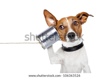dog on the phone with  a can