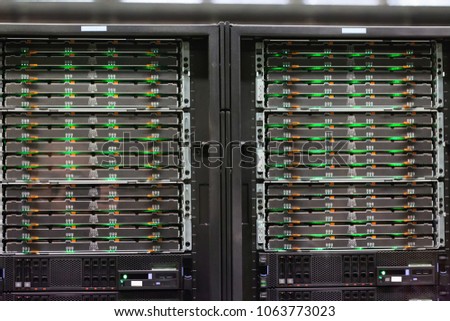 Closeup of modern hardware in server room of data center