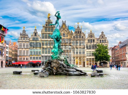 Brabo fountain on market square, Antwerp, Belgium Royalty-Free Stock Photo #1063827830