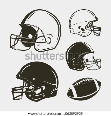 set of american football equipment and gear. helmets and ball. sport design elements for logotypes and emblems. vector illustration Royalty-Free Stock Photo #1063892939