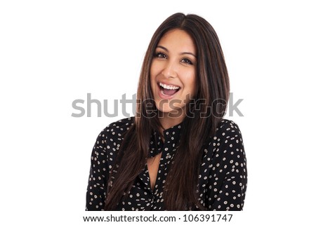 Happy mixed race business woman isolated on white